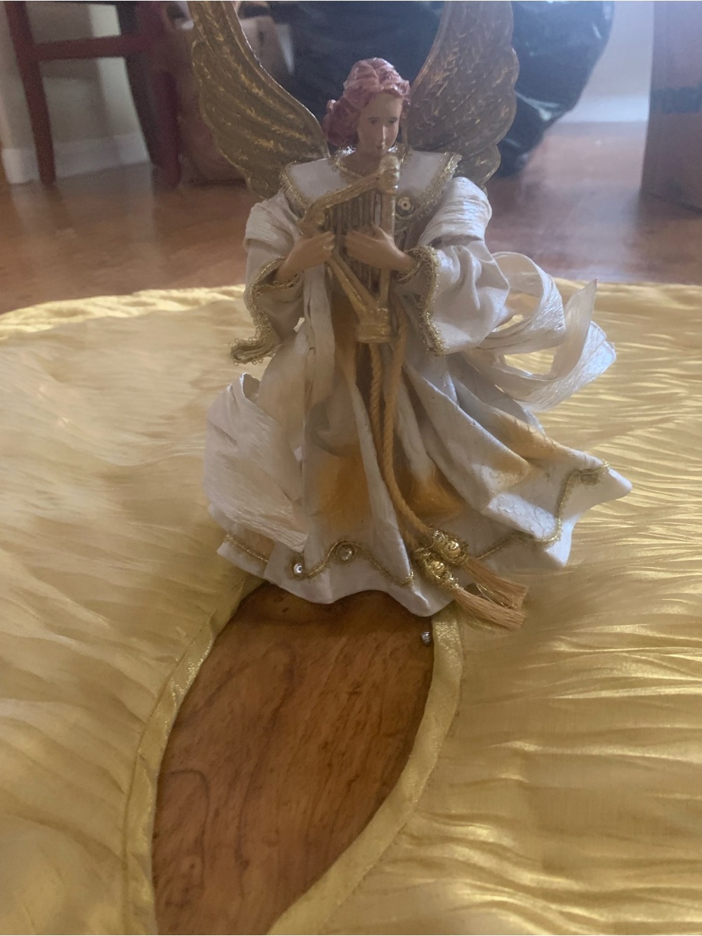 Angel Figurine Home Accent in White and Gold AND Gold Tree Skirt Buttons Up
